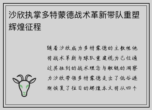 沙欣执掌多特蒙德战术革新带队重塑辉煌征程